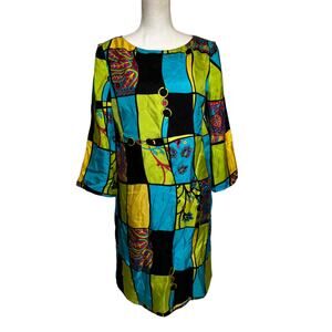 Muse Sz 12 Dress 100% Silk Geometic Blue Black‎ 3/4 Sleeve Green Flare Lined